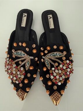Embellished Black Slip-On Pointed Mules